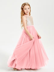 Long Junior Bridesmaid Gown Sequined Top Tulle Skirt Flamingo