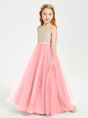 Long Junior Bridesmaid Gown Sequined Top Tulle Skirt Flamingo