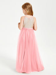 Long Junior Bridesmaid Gown Sequined Top Tulle Skirt Flamingo