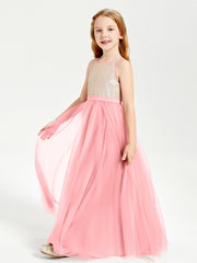 Long Junior Bridesmaid Gown Sequined Top Tulle Skirt Flamingo