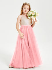 Long Junior Bridesmaid Gown Sequined Top Tulle Skirt Flamingo