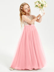 Long Junior Bridesmaid Gown Sequined Top Tulle Skirt Flamingo