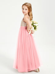 Long Junior Bridesmaid Gown Sequined Top Tulle Skirt Flamingo