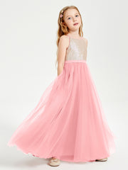 Long Junior Bridesmaid Gown Sequined Top Tulle Skirt Flamingo