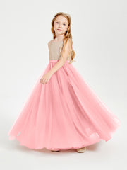 Long Junior Bridesmaid Gown Sequined Top Tulle Skirt Flamingo