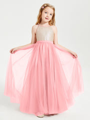 Long Junior Bridesmaid Gown Sequined Top Tulle Skirt Flamingo