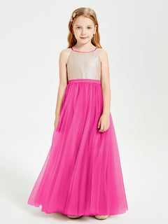 Long Junior Bridesmaid Gown Sequined Top Tulle Skirt Fuchsia