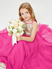 Long Junior Bridesmaid Gown Sequined Top Tulle Skirt Fuchsia
