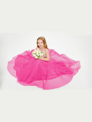 Long Junior Bridesmaid Gown Sequined Top Tulle Skirt Fuchsia