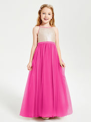 Long Junior Bridesmaid Gown Sequined Top Tulle Skirt Fuchsia