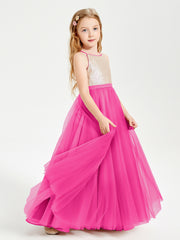 Long Junior Bridesmaid Gown Sequined Top Tulle Skirt Fuchsia