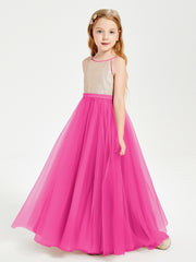 Long Junior Bridesmaid Gown Sequined Top Tulle Skirt Fuchsia