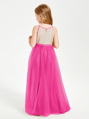 Long Junior Bridesmaid Gown Sequined Top Tulle Skirt Fuchsia