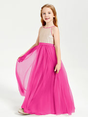 Long Junior Bridesmaid Gown Sequined Top Tulle Skirt Fuchsia