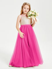 Long Junior Bridesmaid Gown Sequined Top Tulle Skirt Fuchsia