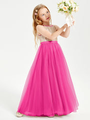 Long Junior Bridesmaid Gown Sequined Top Tulle Skirt Fuchsia