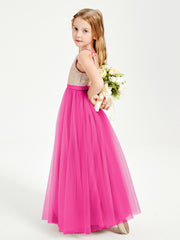 Long Junior Bridesmaid Gown Sequined Top Tulle Skirt Fuchsia