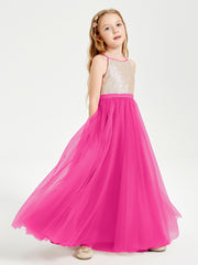 Long Junior Bridesmaid Gown Sequined Top Tulle Skirt Fuchsia