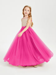 Long Junior Bridesmaid Gown Sequined Top Tulle Skirt Fuchsia