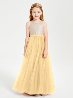 Long Junior Bridesmaid Gown Sequined Top Tulle Skirt Gold