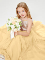 Long Junior Bridesmaid Gown Sequined Top Tulle Skirt Gold