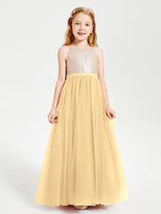 Long Junior Bridesmaid Gown Sequined Top Tulle Skirt Gold
