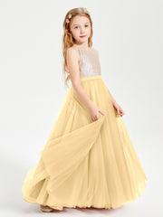 Long Junior Bridesmaid Gown Sequined Top Tulle Skirt Gold