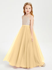 Long Junior Bridesmaid Gown Sequined Top Tulle Skirt Gold