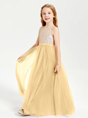 Long Junior Bridesmaid Gown Sequined Top Tulle Skirt Gold