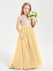Long Junior Bridesmaid Gown Sequined Top Tulle Skirt Gold