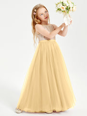 Long Junior Bridesmaid Gown Sequined Top Tulle Skirt Gold