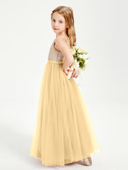 Long Junior Bridesmaid Gown Sequined Top Tulle Skirt Gold
