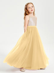 Long Junior Bridesmaid Gown Sequined Top Tulle Skirt Gold