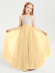 Long Junior Bridesmaid Gown Sequined Top Tulle Skirt Gold