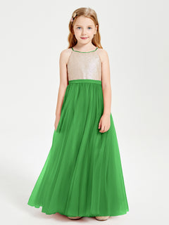 Long Junior Bridesmaid Gown Sequined Top Tulle Skirt Green