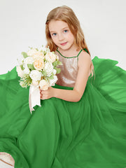 Long Junior Bridesmaid Gown Sequined Top Tulle Skirt Green