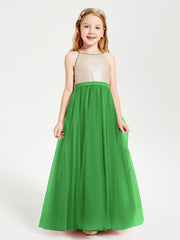 Long Junior Bridesmaid Gown Sequined Top Tulle Skirt Green
