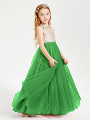 Long Junior Bridesmaid Gown Sequined Top Tulle Skirt Green