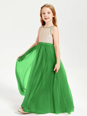Long Junior Bridesmaid Gown Sequined Top Tulle Skirt Green