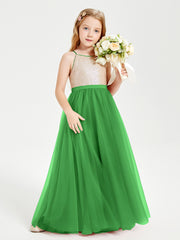 Long Junior Bridesmaid Gown Sequined Top Tulle Skirt Green