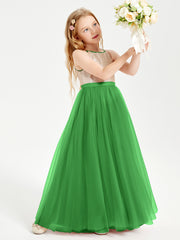 Long Junior Bridesmaid Gown Sequined Top Tulle Skirt Green