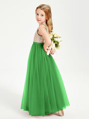 Long Junior Bridesmaid Gown Sequined Top Tulle Skirt Green