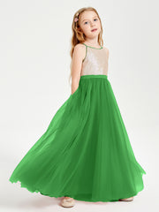 Long Junior Bridesmaid Gown Sequined Top Tulle Skirt Green