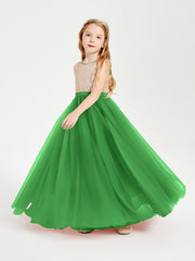 Long Junior Bridesmaid Gown Sequined Top Tulle Skirt Green