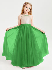 Long Junior Bridesmaid Gown Sequined Top Tulle Skirt Green