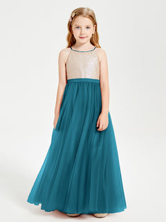 Long Junior Bridesmaid Gown Sequined Top Tulle Skirt Ink Blue