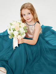 Long Junior Bridesmaid Gown Sequined Top Tulle Skirt Ink Blue