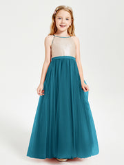 Long Junior Bridesmaid Gown Sequined Top Tulle Skirt Ink Blue