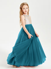 Long Junior Bridesmaid Gown Sequined Top Tulle Skirt Ink Blue