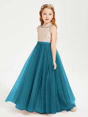 Long Junior Bridesmaid Gown Sequined Top Tulle Skirt Ink Blue